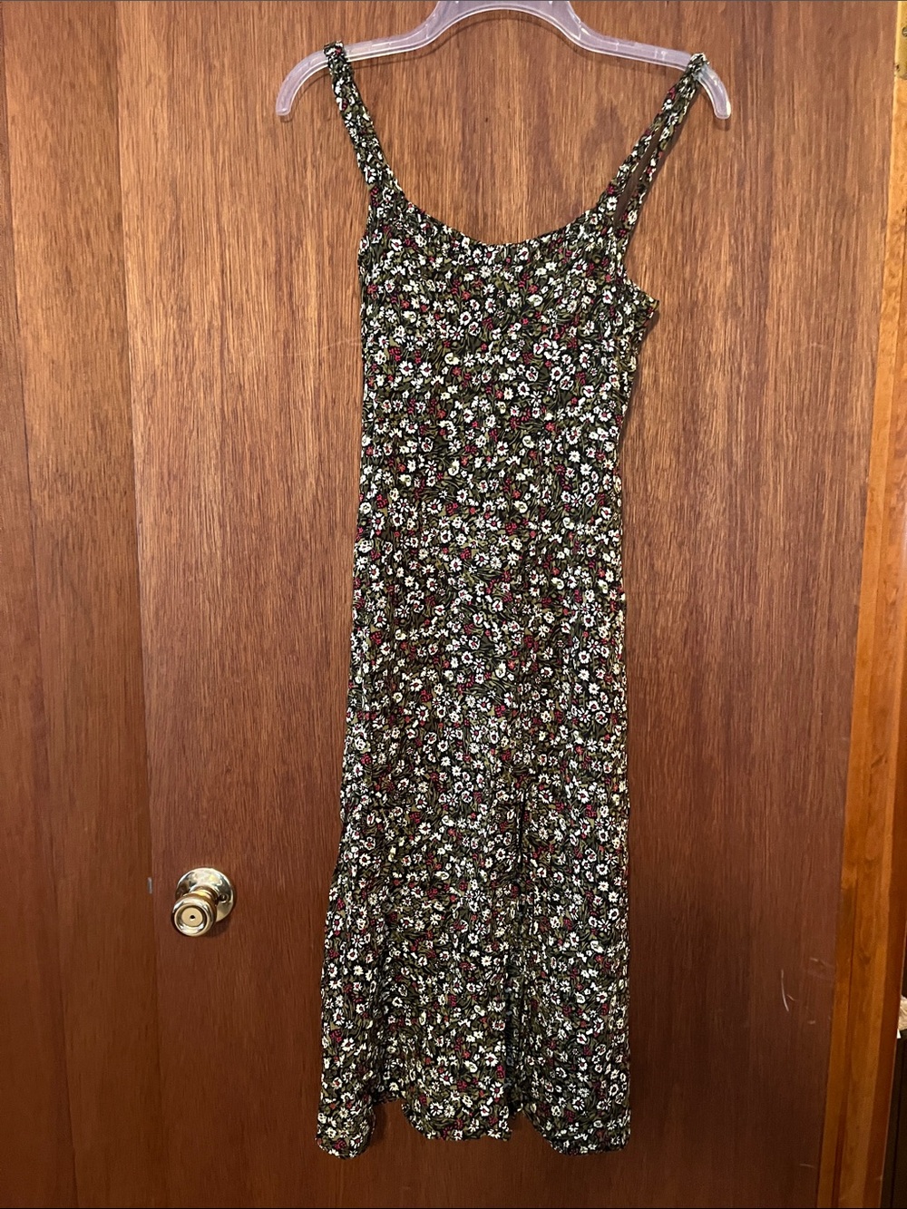 Zara Olive Green Floral Midi Slip Dress with Red & White Flowers